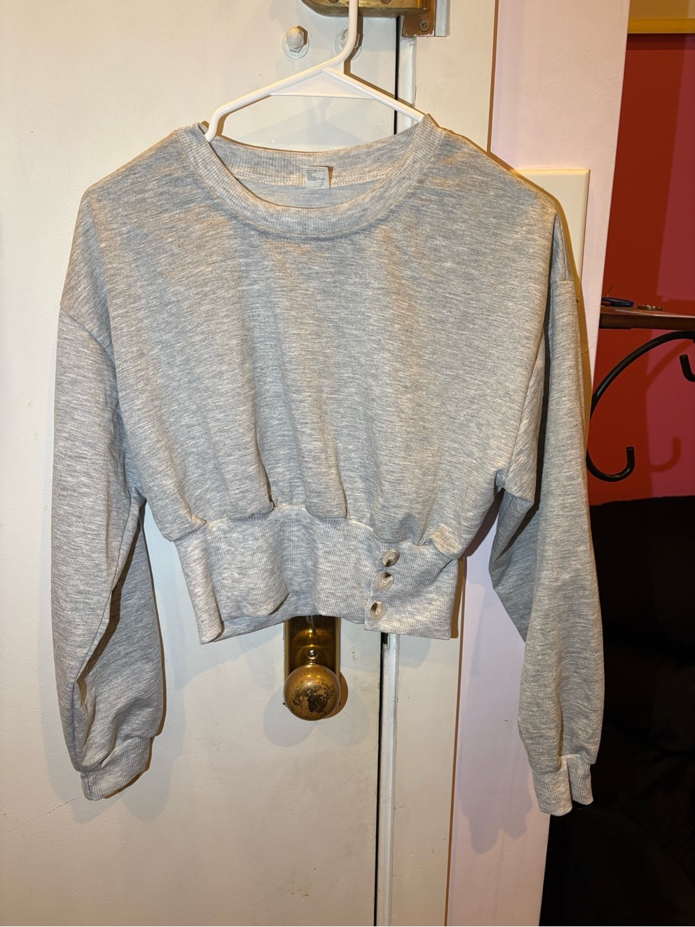 Gray Cropped Pullover Sweatshirt with Button Detail NWOT